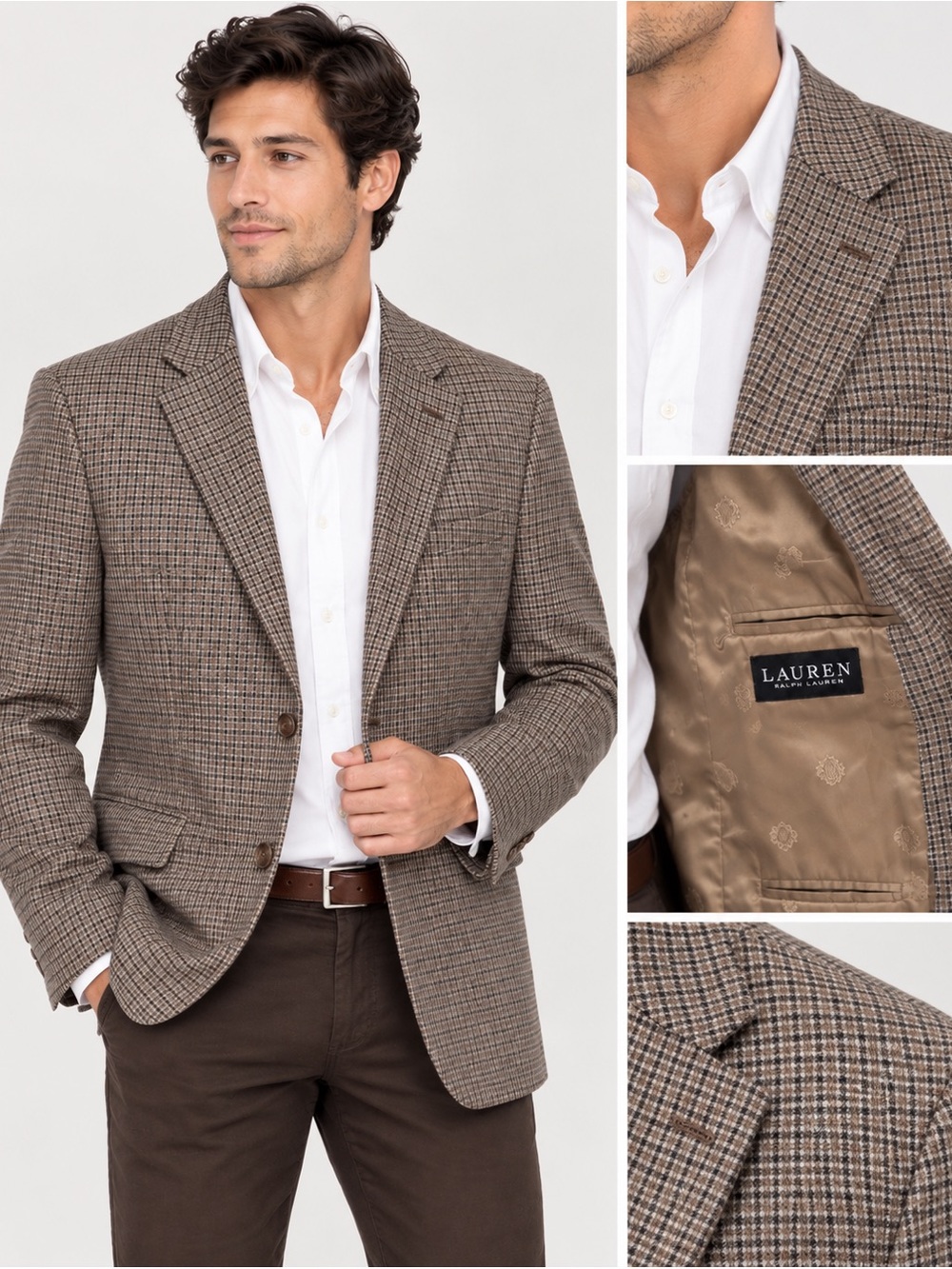 Lauren Ralph Lauren Men’s Blazer 46L Brown Check Two Button Sport Coat Stretch